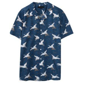 Men's Blue Crane Bird Print Retro Camp Shirt Short Sleeve Button Down Medium